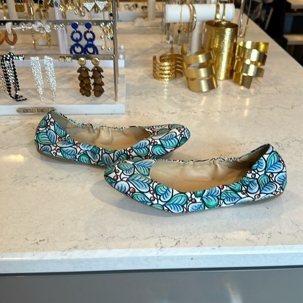 J Crew green and blue leaves ballet flats size 7